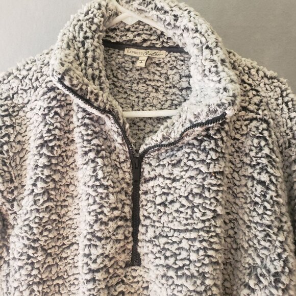 Express One Eleven Sherpa Fleece Pullover Small Faux Fur Womens Jacket Gray - Picture 4 of 8